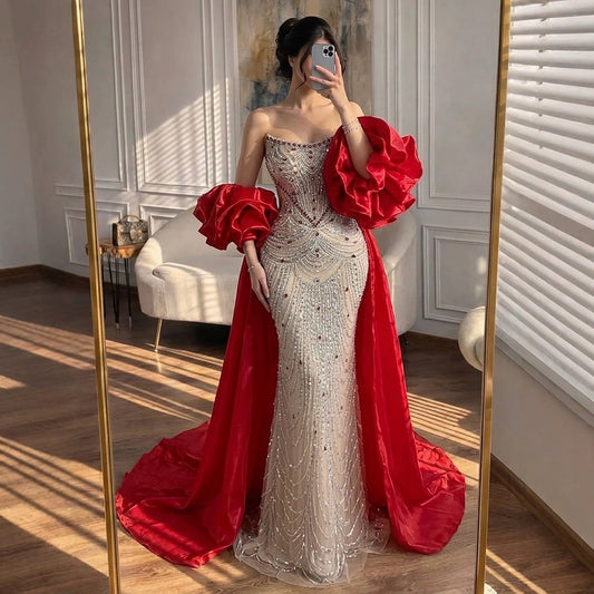 Luxury Red Crystal Beaded Mermaid Dress with Detachable Cape LA72903A