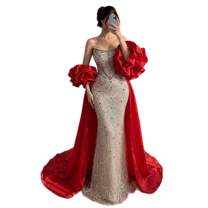 Luxury Red Crystal Beaded Mermaid Dress with Detachable Cape LA72903A