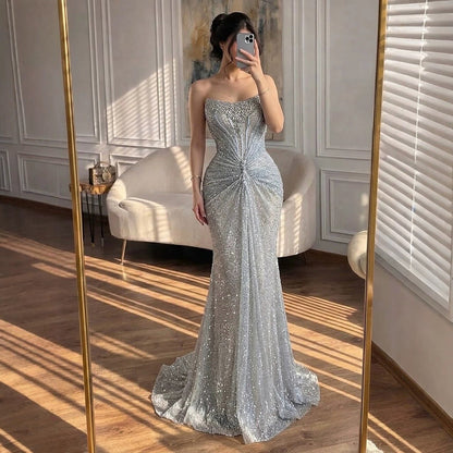Silver Gray Beaded Strapless Mermaid Evening Dress LA72905B