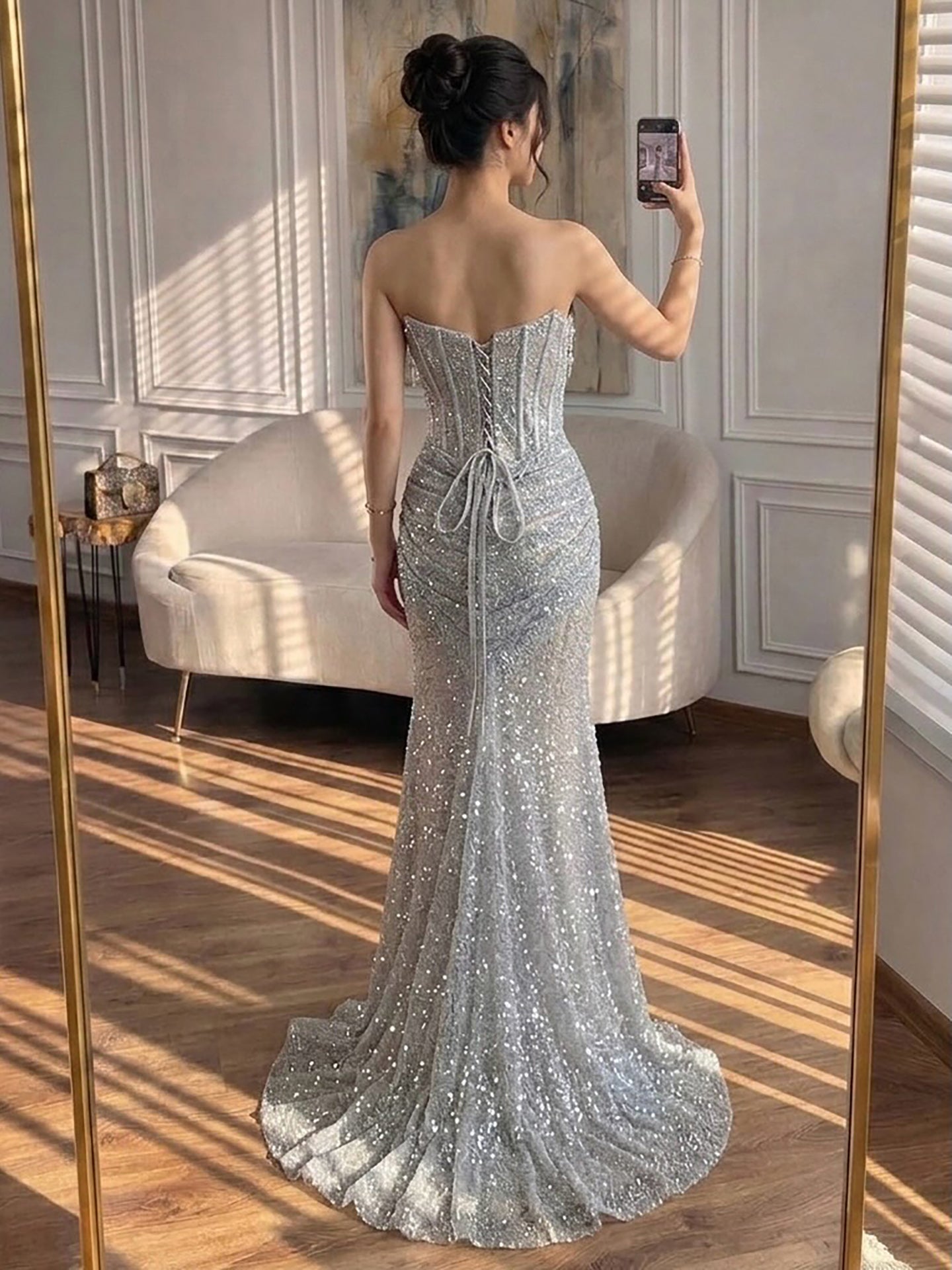 Silver Gray Beaded Strapless Mermaid Evening Dress LA72905B