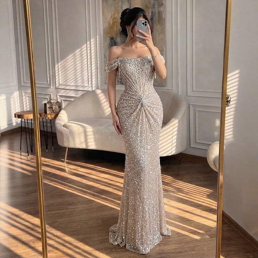 Luxury Nude Crystal Beaded Off-the-Shoulder Mermaid Evening Dress LA72905D