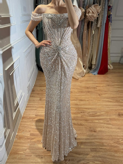 Luxury Nude Crystal Beaded Off-the-Shoulder Mermaid Evening Dress LA72905D