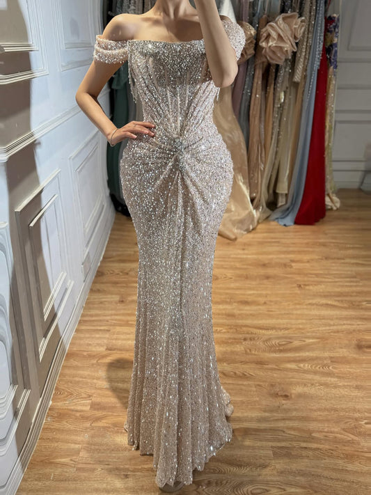 Luxury Nude Crystal Beaded Off-the-Shoulder Mermaid Evening Dress LA72905D