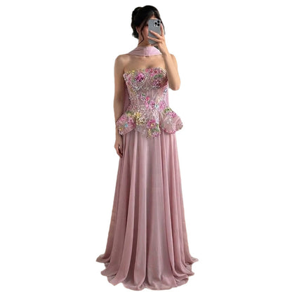 Luxury Pink Strapless Floral Beaded Peplum Evening Dress LA72915A