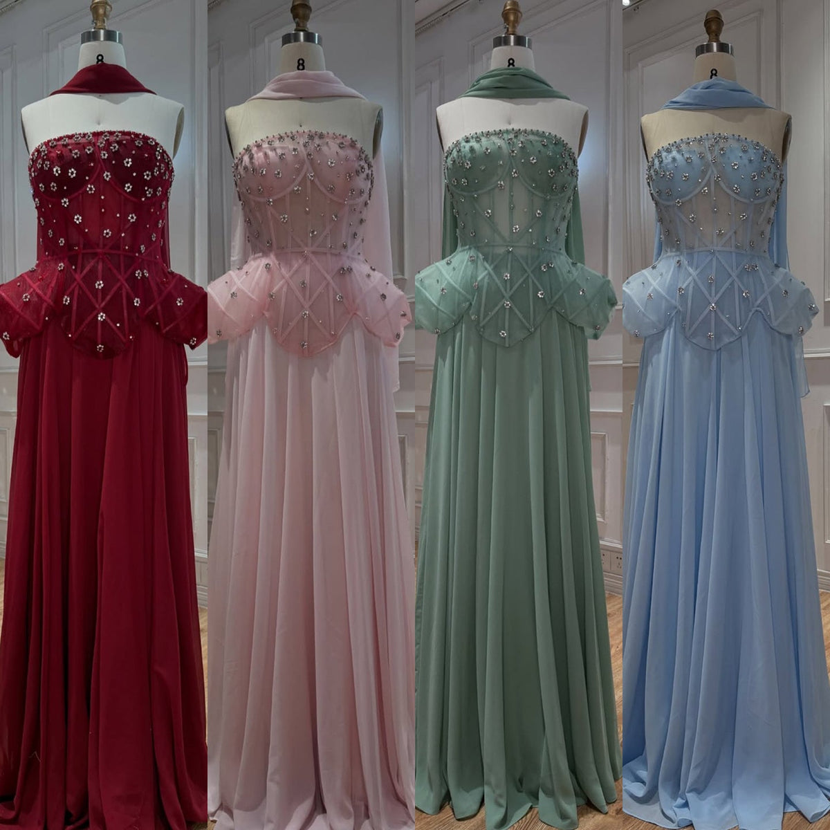 Blue Strapless Beaded Corset with Chiffon Skirt Two-Piece Set Evening Dress LA72915B