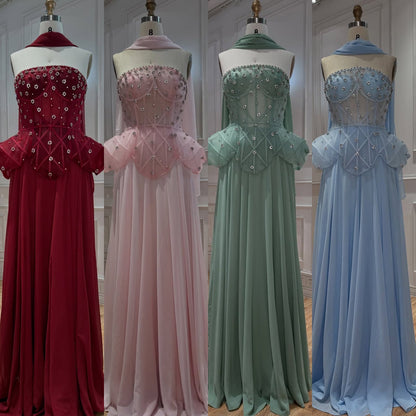 Blue Strapless Beaded Corset with Chiffon Skirt Two-Piece Set Evening Dress LA72915B