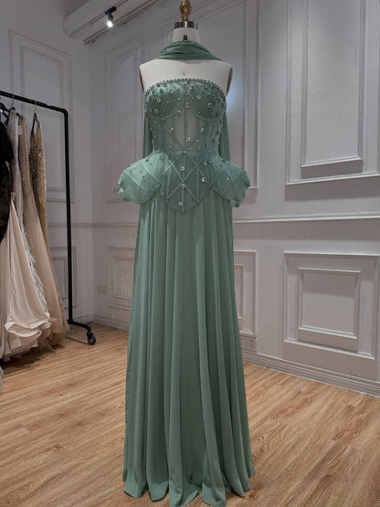 Blue Strapless Beaded Corset with Chiffon Skirt Two-Piece Set Evening Dress LA72915B