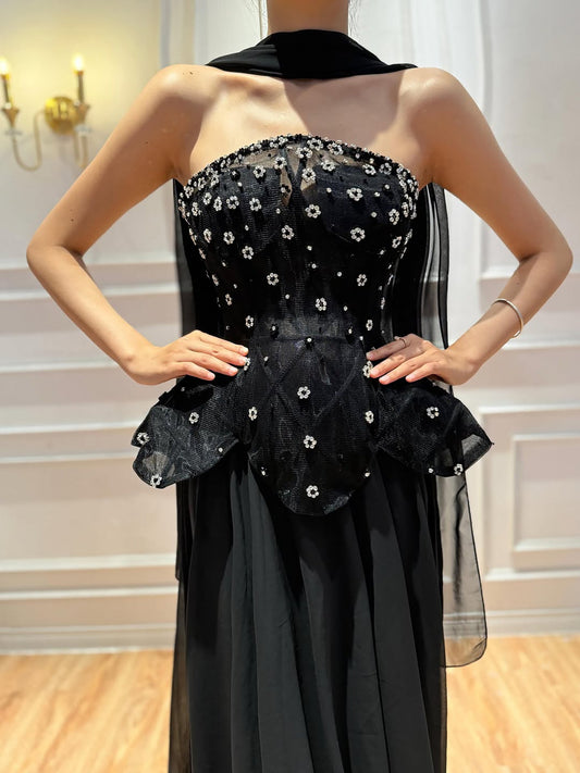 Blue Strapless Beaded Corset with Chiffon Skirt Two-Piece Set Evening Dress LA72915B