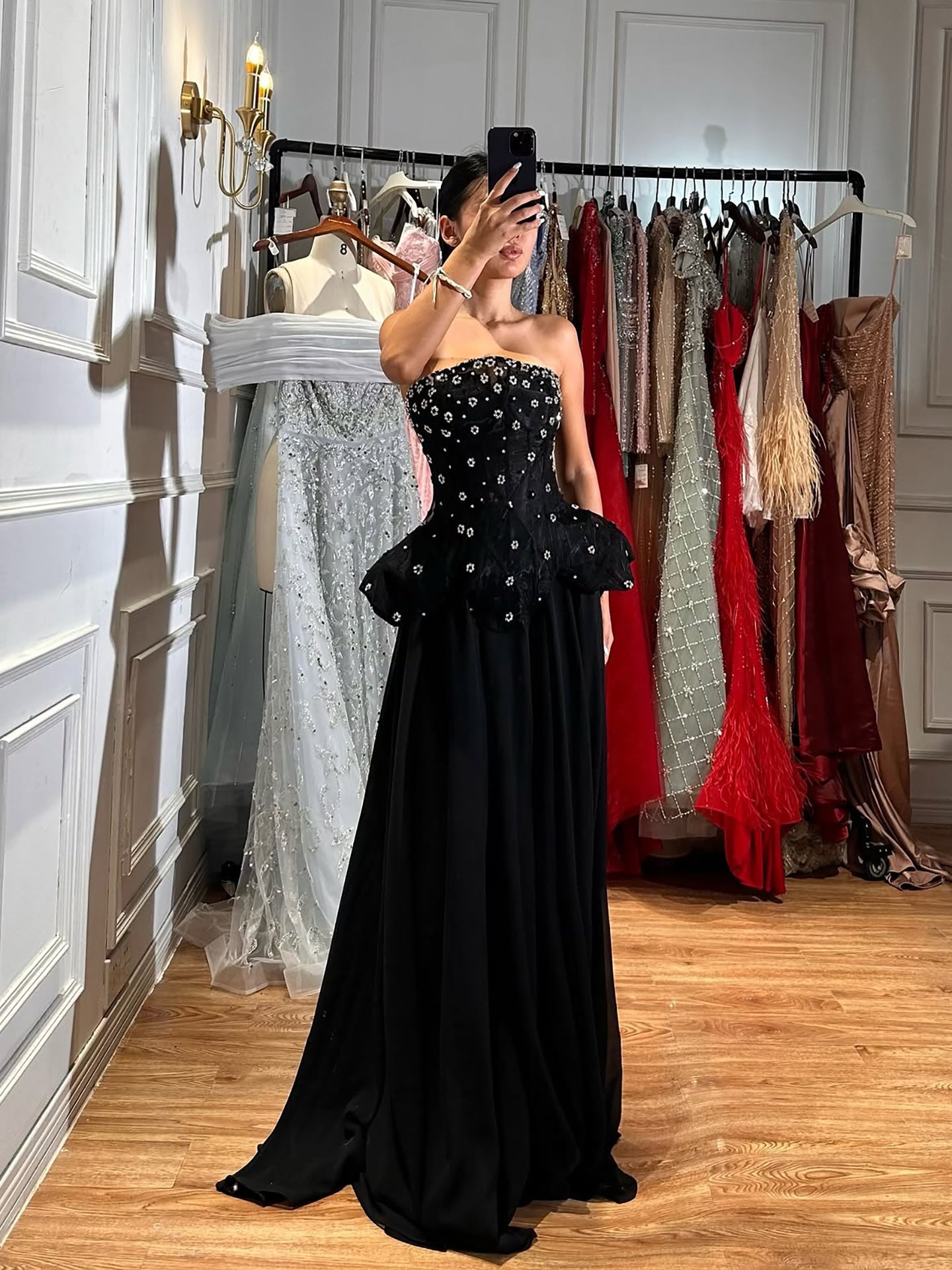 Luxury Black Strapless Beaded Peplum A-Line Evening Dress LA72915B