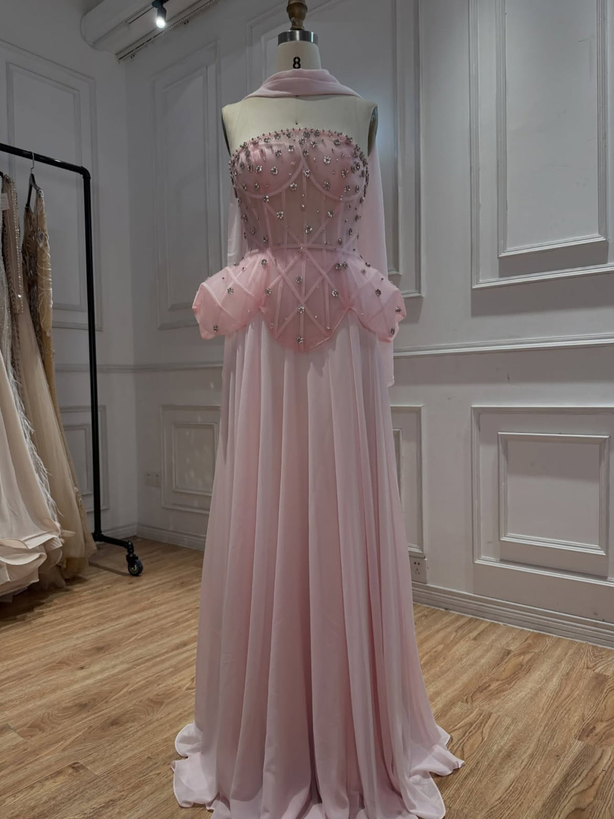 Blue Strapless Beaded Corset with Chiffon Skirt Two-Piece Set Evening Dress LA72915B