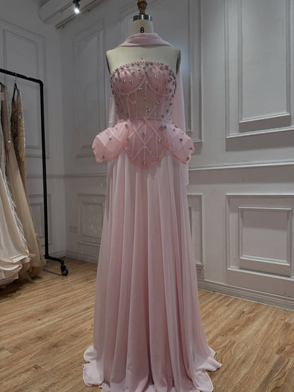 Blue Strapless Beaded Corset with Chiffon Skirt Two-Piece Set Evening Dress LA72915B