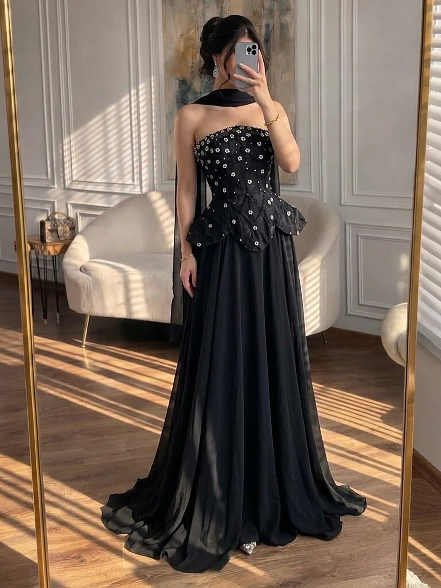 Luxury Black Strapless Beaded Peplum A-Line Evening Dress LA72915B
