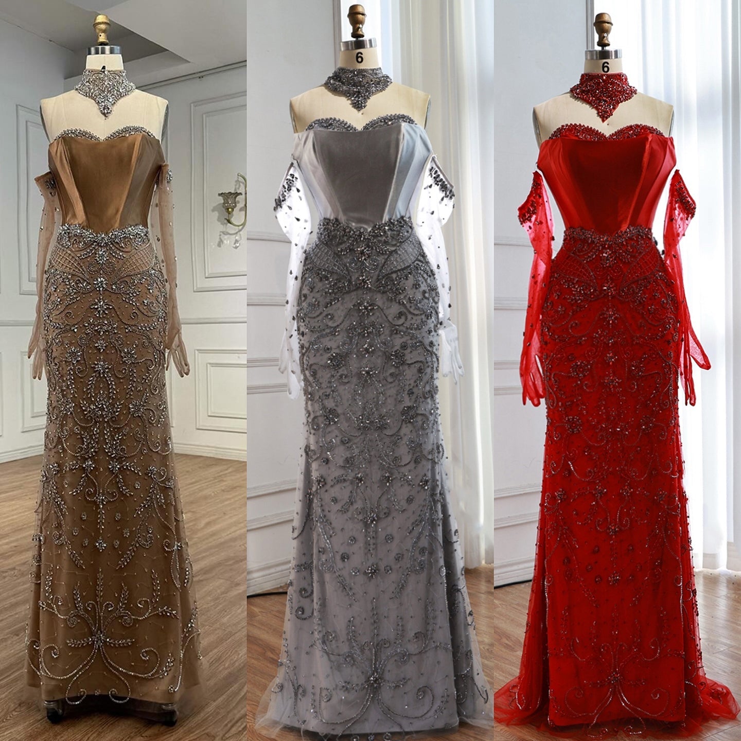 Saudi Nude Beaded Corset Mermaid Evening Dress with Gloves LA72929
