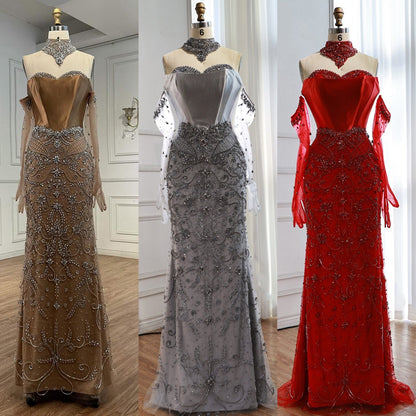Saudi Nude Beaded Corset Mermaid Evening Dress with Gloves LA72929