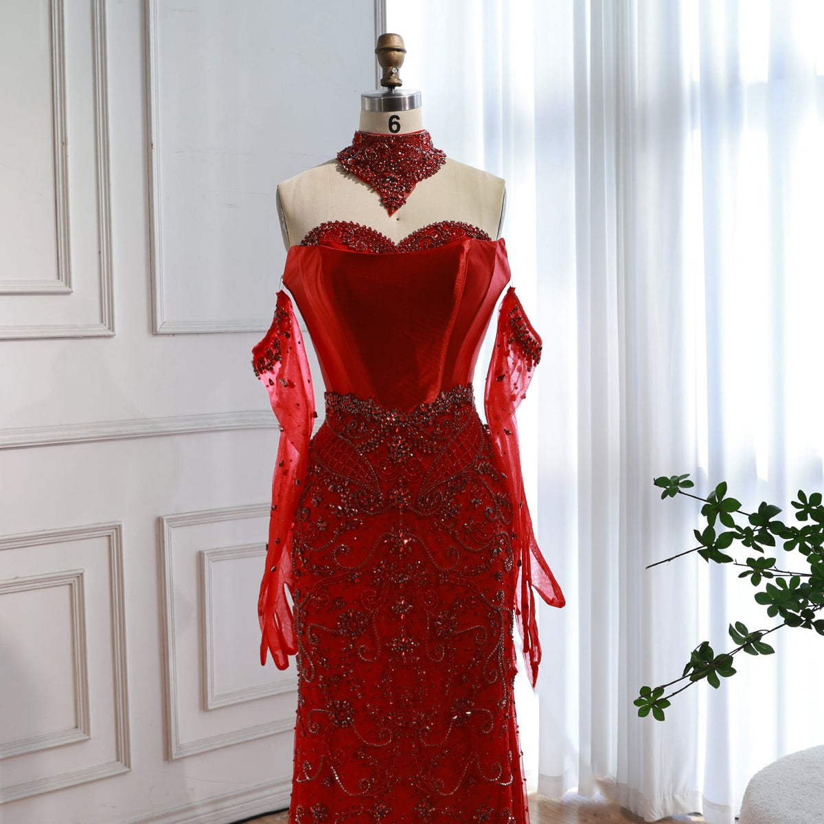 Saudi Nude Beaded Corset Mermaid Evening Dress with Gloves LA72929