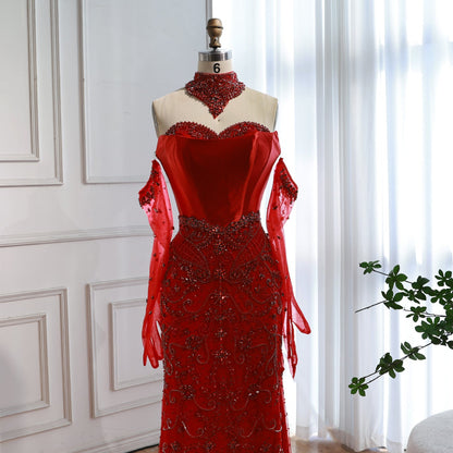 Saudi Nude Beaded Corset Mermaid Evening Dress with Gloves LA72929