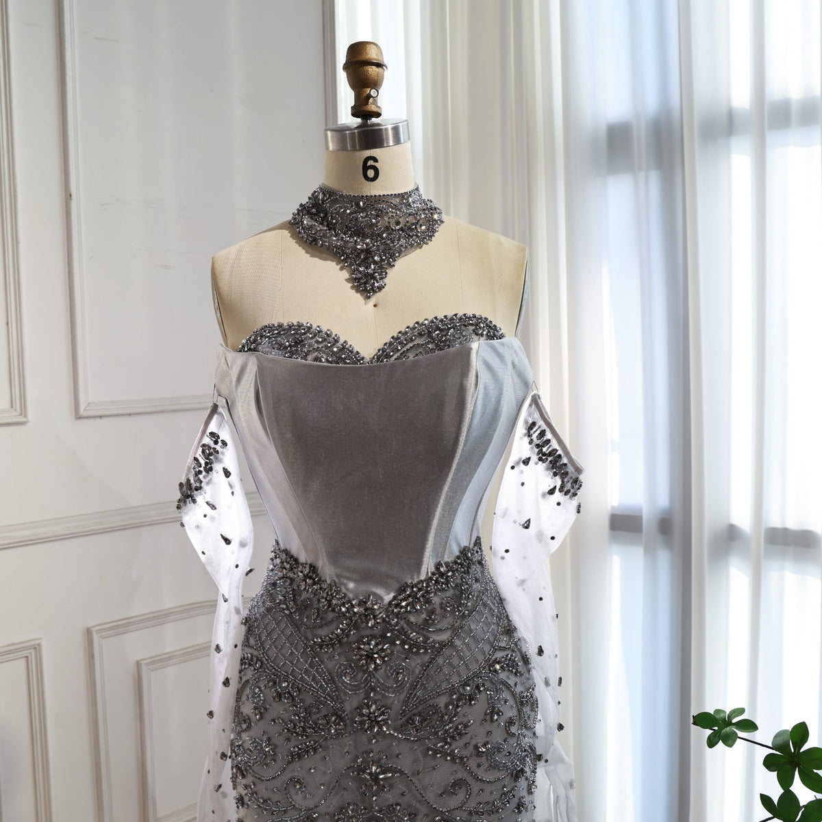 Saudi Nude Beaded Corset Mermaid Evening Dress with Gloves LA72929