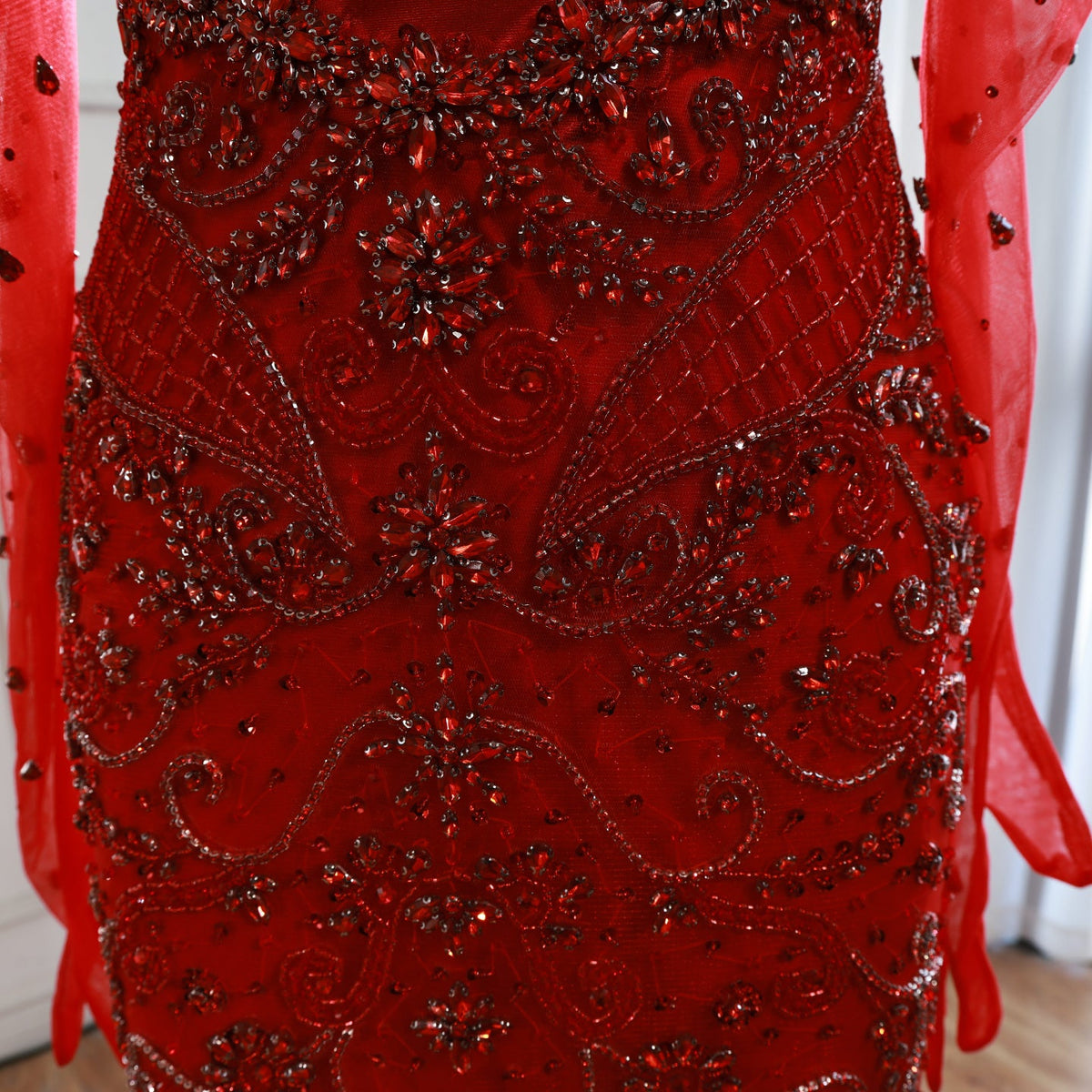 Saudi Nude Beaded Corset Mermaid Evening Dress with Gloves LA72929