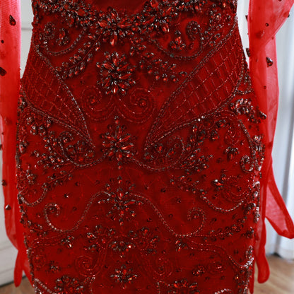 Saudi Nude Beaded Corset Mermaid Evening Dress with Gloves LA72929