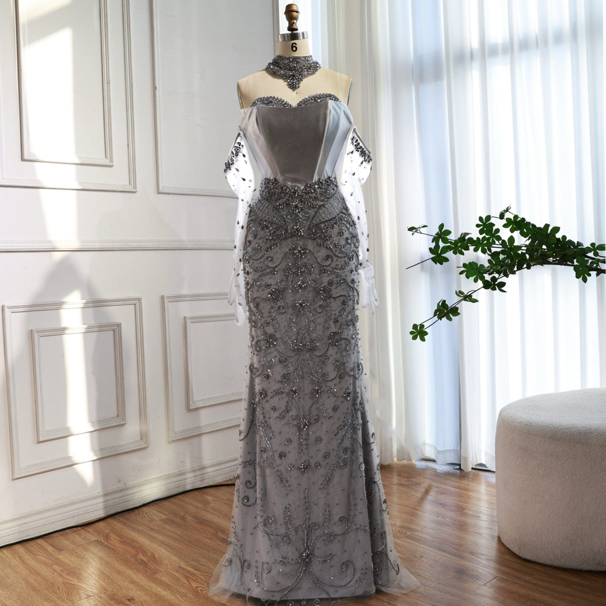 Saudi Nude Beaded Corset Mermaid Evening Dress with Gloves LA72929