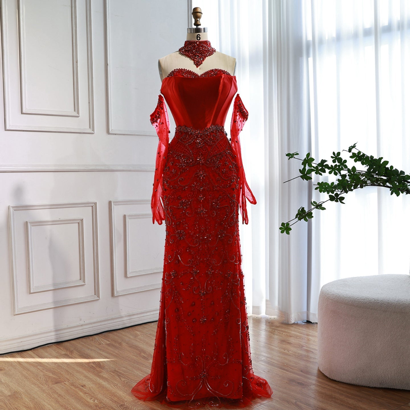 Saudi Nude Beaded Corset Mermaid Evening Dress with Gloves LA72929