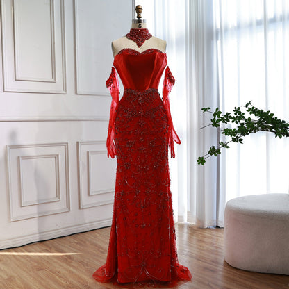Saudi Nude Beaded Corset Mermaid Evening Dress with Gloves LA72929