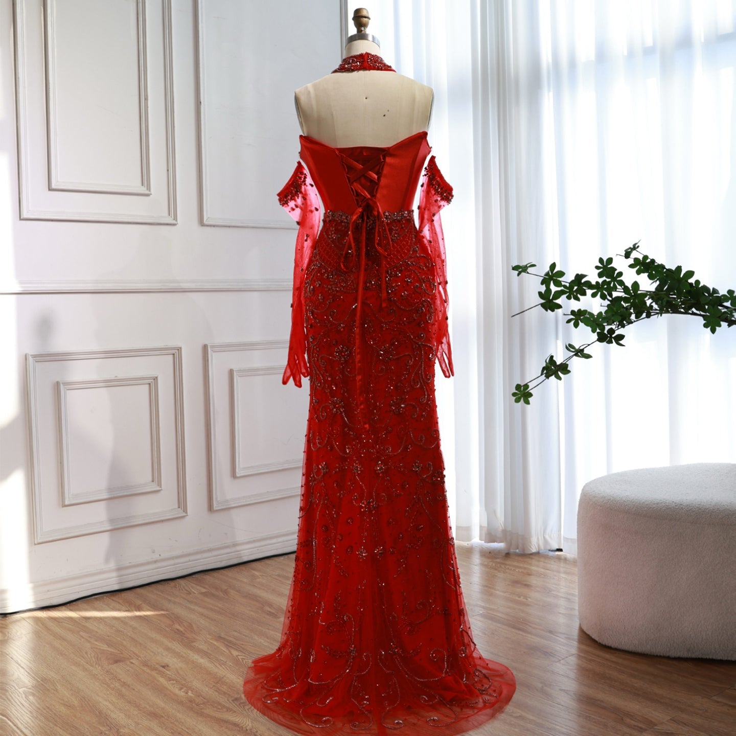 Saudi Nude Beaded Corset Mermaid Evening Dress with Gloves LA72929