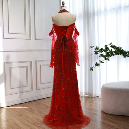 Saudi Nude Beaded Corset Mermaid Evening Dress with Gloves LA72929