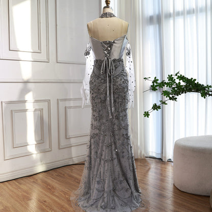 Saudi Nude Beaded Corset Mermaid Evening Dress with Gloves LA72929
