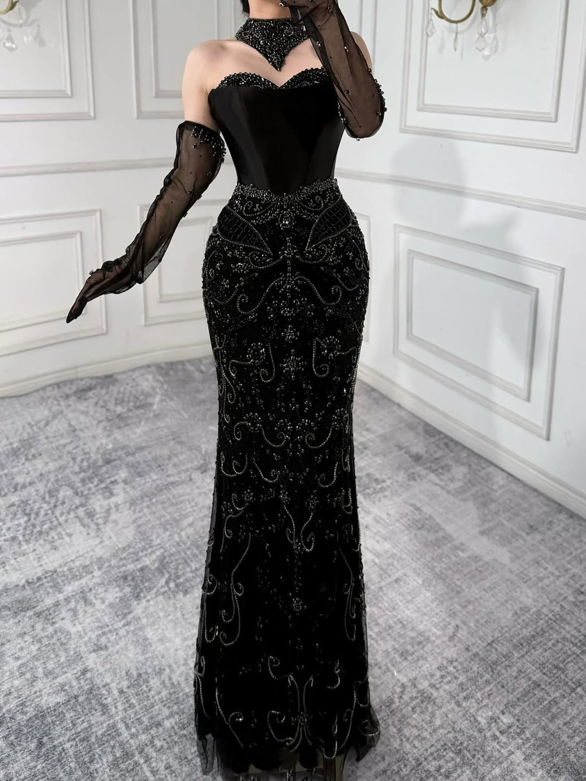 Saudi Nude Beaded Corset Mermaid Evening Dress with Gloves LA72929