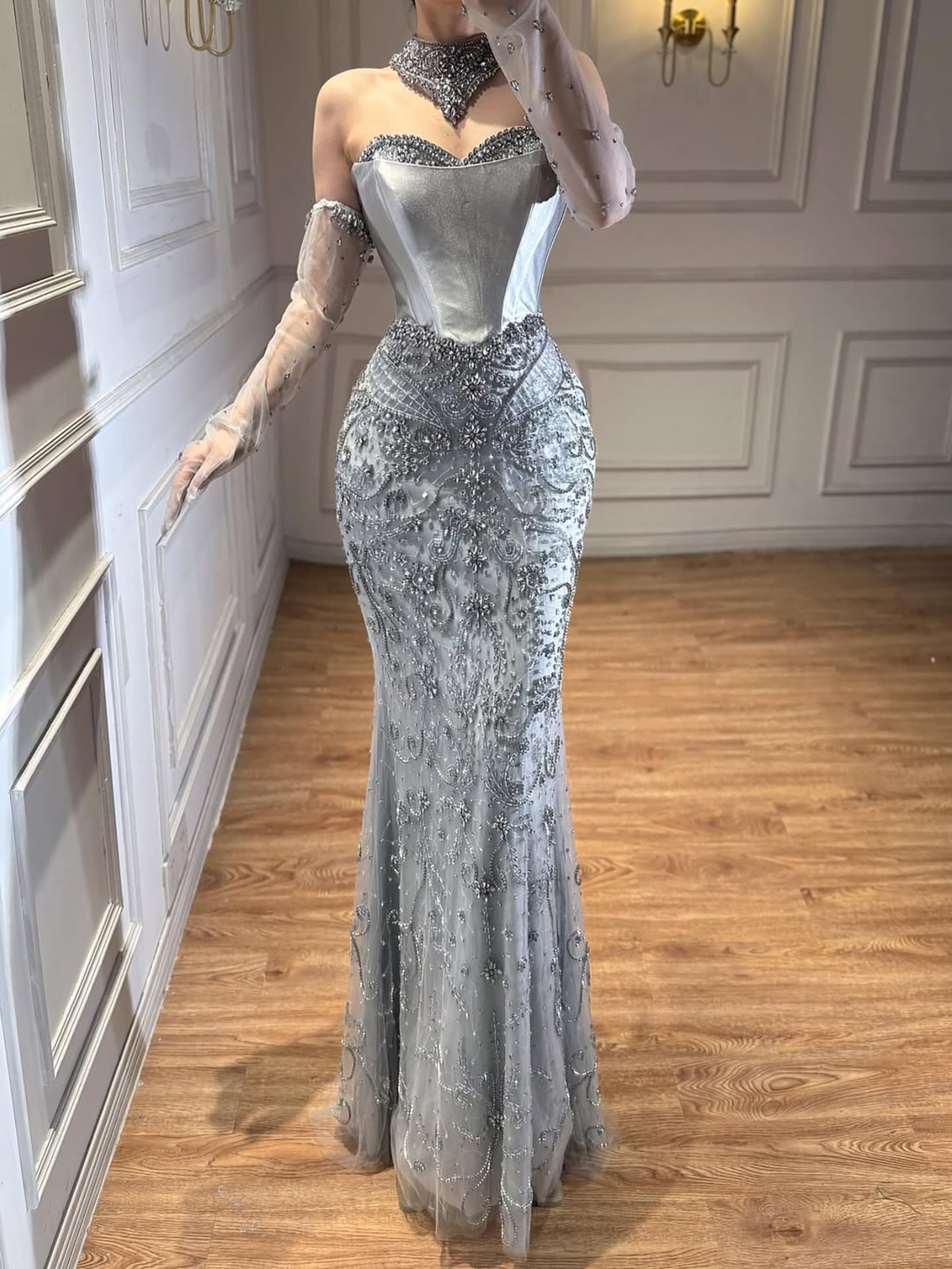 Saudi Nude Beaded Corset Mermaid Evening Dress with Gloves LA72929