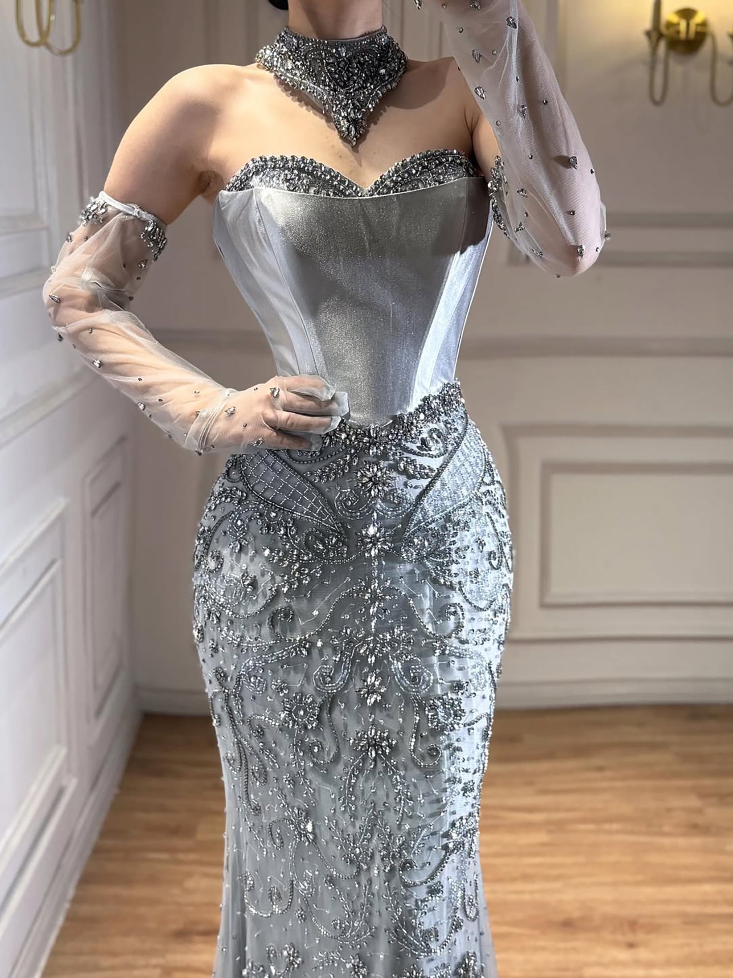 Saudi Nude Beaded Corset Mermaid Evening Dress with Gloves LA72929
