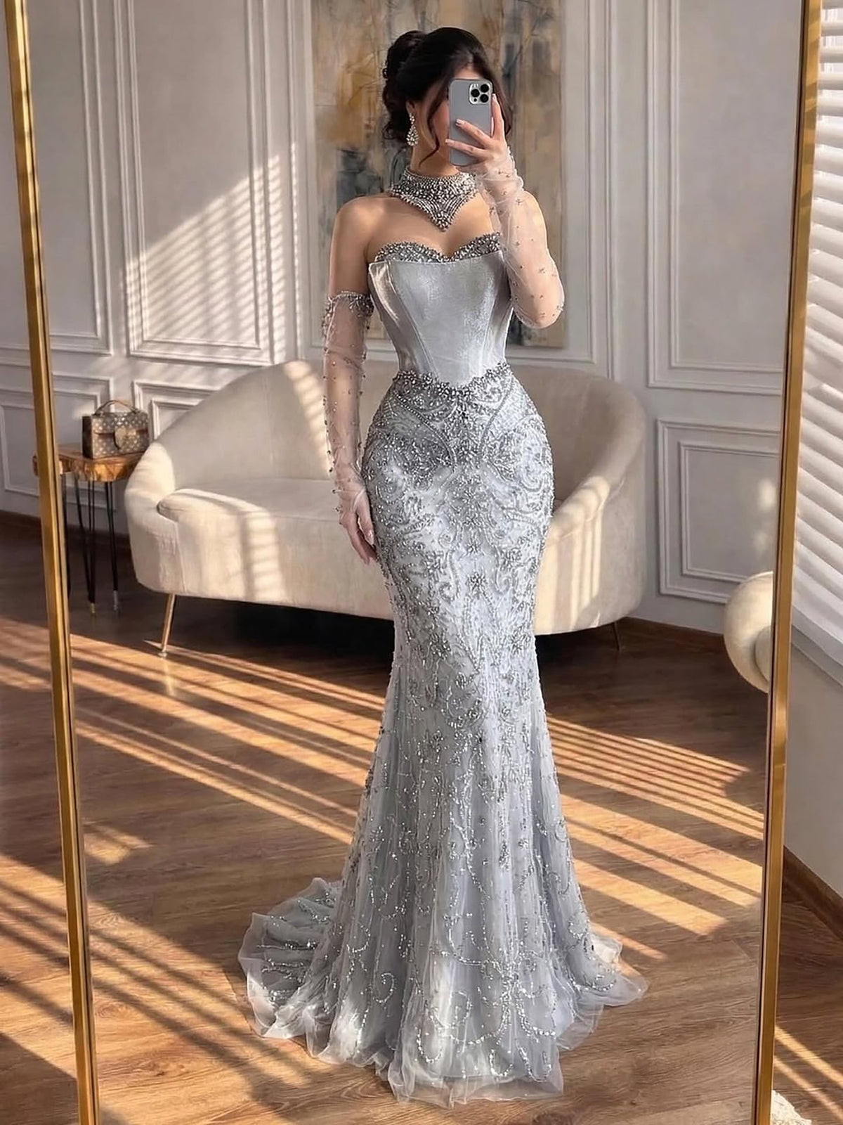 Saudi Nude Beaded Corset Mermaid Evening Dress with Gloves LA72929