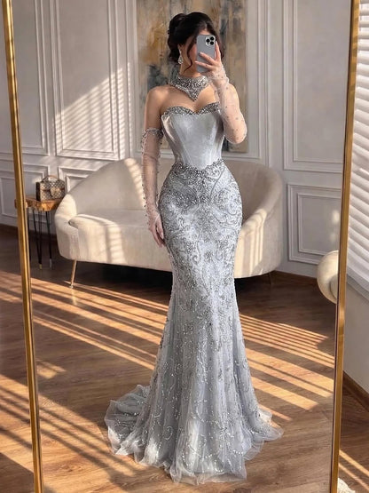 Saudi Nude Beaded Corset Mermaid Evening Dress with Gloves LA72929