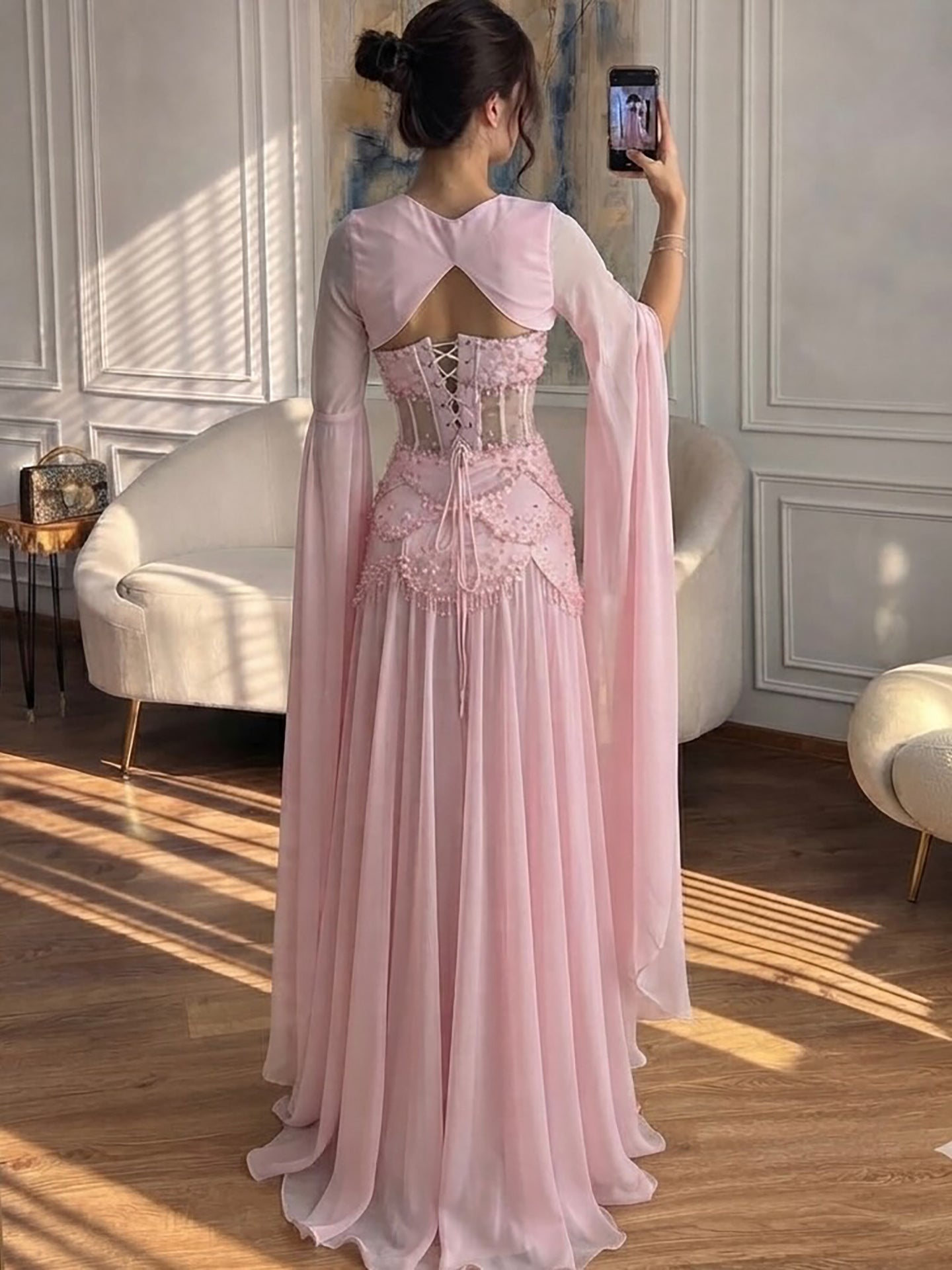 Luxury Pink Beaded A Line Dress with Chiffon Cape Sleeves LA72978B