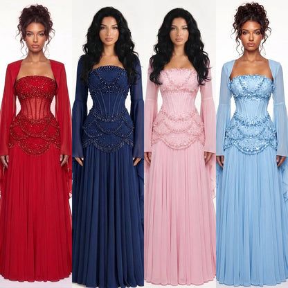 Luxury Pink Beaded A Line Dress with Chiffon Cape Sleeves LA72978B