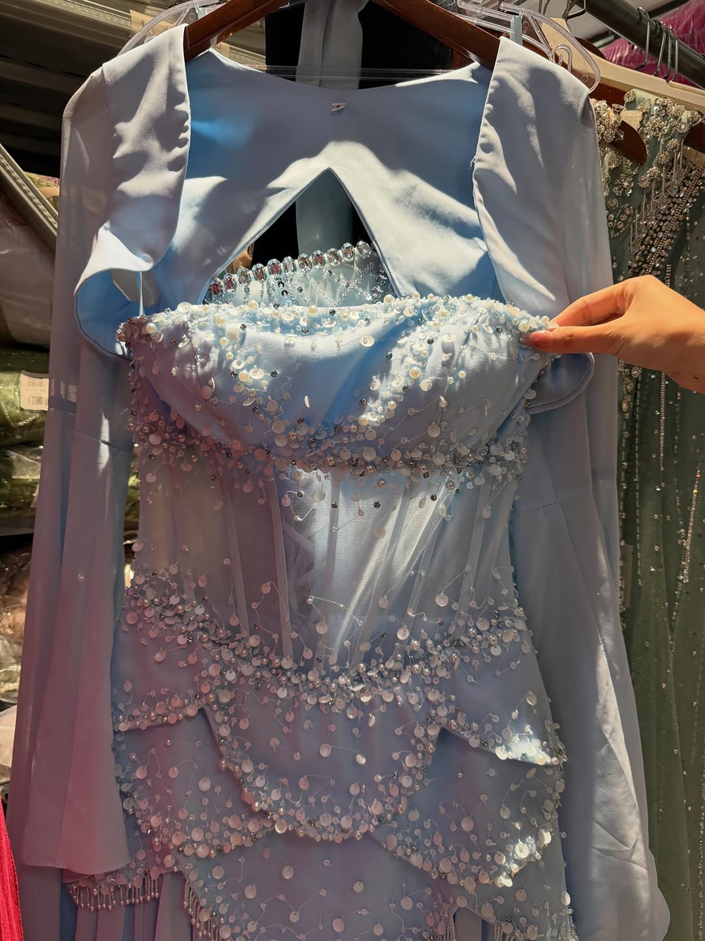 Luxury Pink Beaded A Line Dress with Chiffon Cape Sleeves LA72978B