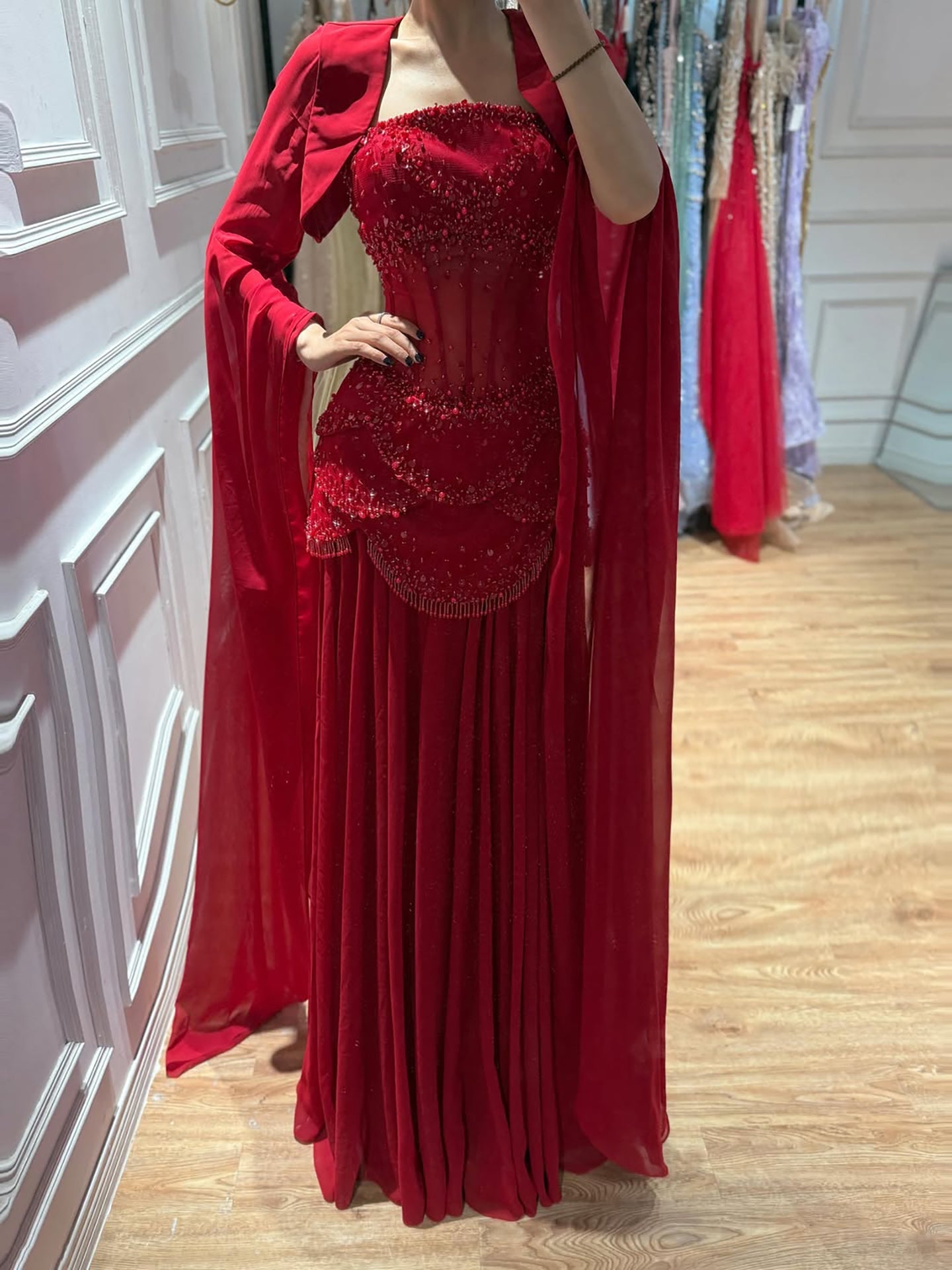 Luxury Pink Beaded A Line Dress with Chiffon Cape Sleeves LA72978B