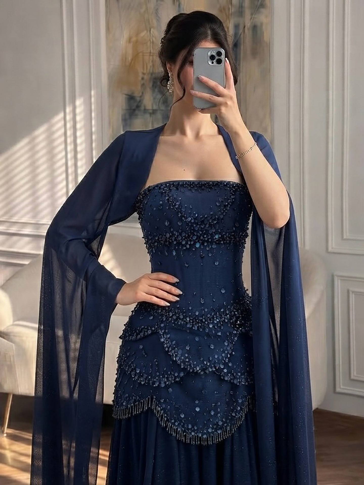 Luxury Pink Beaded A Line Dress with Chiffon Cape Sleeves LA72978B