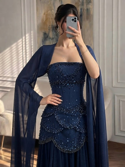 Luxury Pink Beaded A Line Dress with Chiffon Cape Sleeves LA72978B
