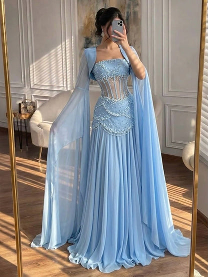 Luxury Pink Beaded A Line Dress with Chiffon Cape Sleeves LA72978B