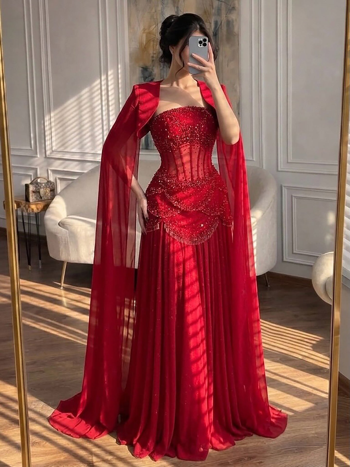 Luxury Pink Beaded A Line Dress with Chiffon Cape Sleeves LA72978B