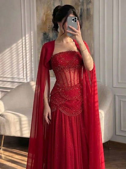 Luxury Pink Beaded A Line Dress with Chiffon Cape Sleeves LA72978B