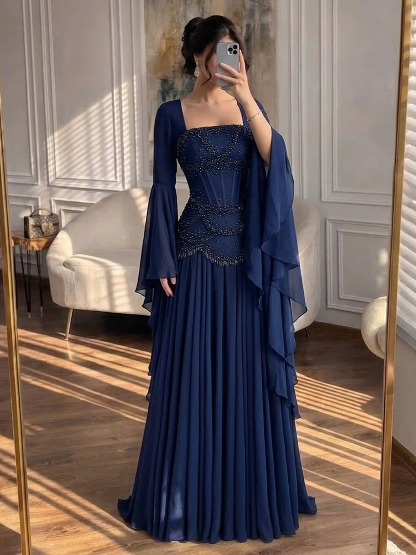 Luxury Pink Beaded A Line Dress with Chiffon Cape Sleeves LA72978B