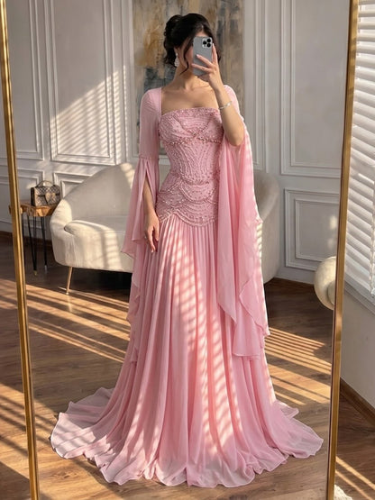 Luxury Pink Beaded A Line Dress with Chiffon Cape Sleeves LA72978B