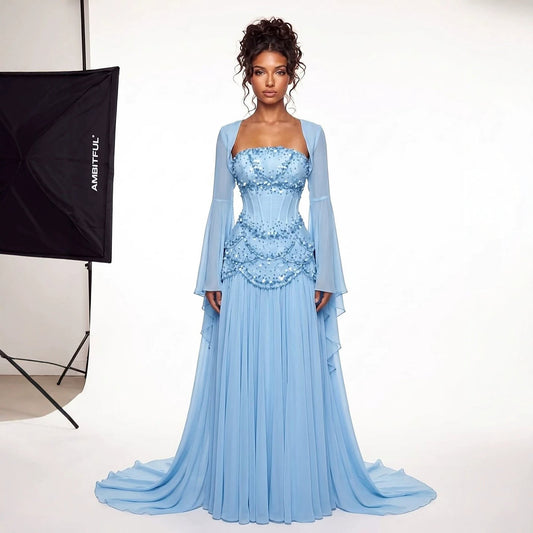 Luxury Pink Beaded A Line Dress with Chiffon Cape Sleeves LA72978B
