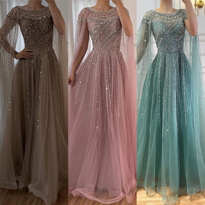 Saudi Arabic Modest Pink Beaded Evening Dress Party Gown LA72994