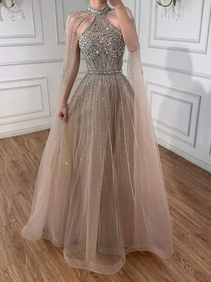 Luxury Beaded A-Line Evening Dress with Cape Sleeves LA73054