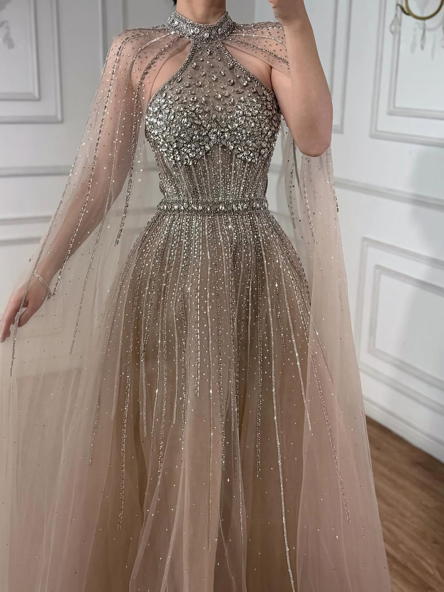 Luxury Beaded A-Line Evening Dress with Cape Sleeves LA73054