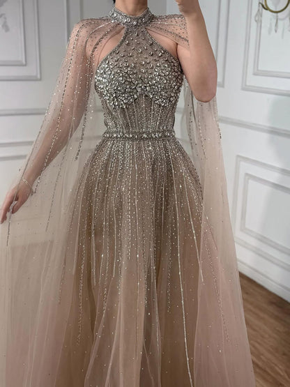 Luxury Beaded A-Line Evening Dress with Cape Sleeves LA73054